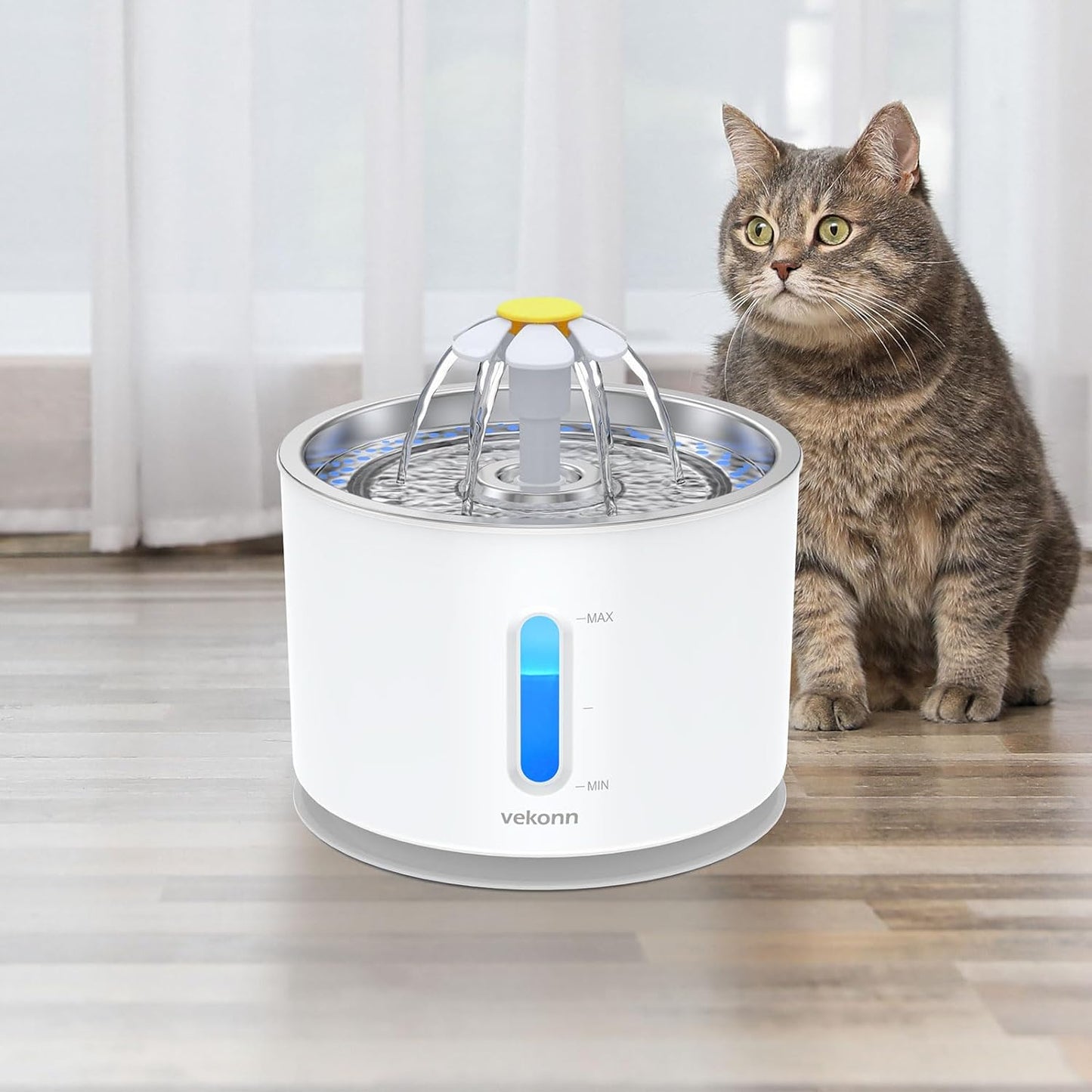 Cat Water Fountain Stainless Steel Top, 2.4L Pet Water Fountain for Small Dog and Cat with LED Light and Water Level Window