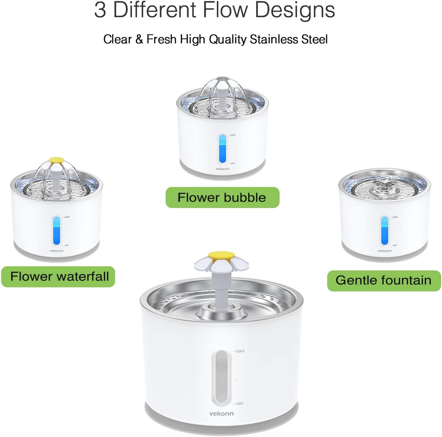 Cat Water Fountain Stainless Steel Top, 2.4L Pet Water Fountain for Small Dog and Cat with LED Light and Water Level Window