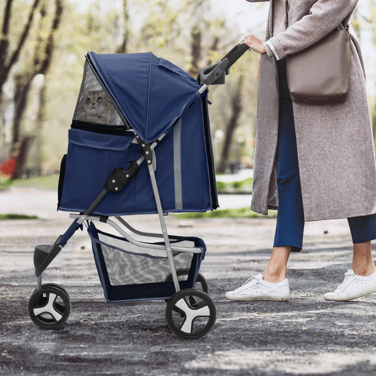 Foldable Pet Dog Stroller with Wheels, Cat Dog Stroller with Storage Basket and Cup Holder for Small and Medium Cats, Dogs, Puppy, Navy Blue