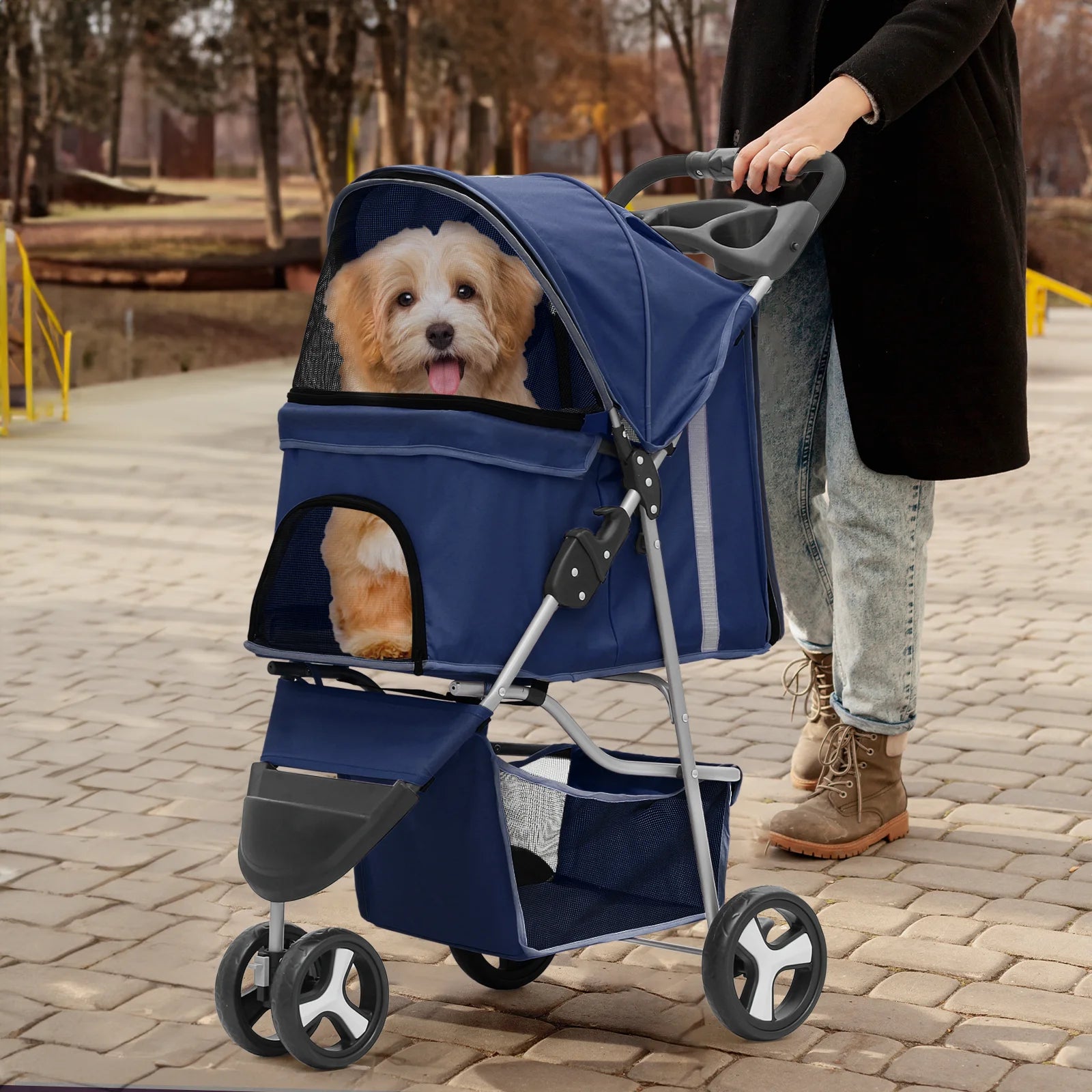 Foldable Pet Dog Stroller with Wheels, Cat Dog Stroller with Storage Basket and Cup Holder for Small and Medium Cats, Dogs, Puppy, Navy Blue