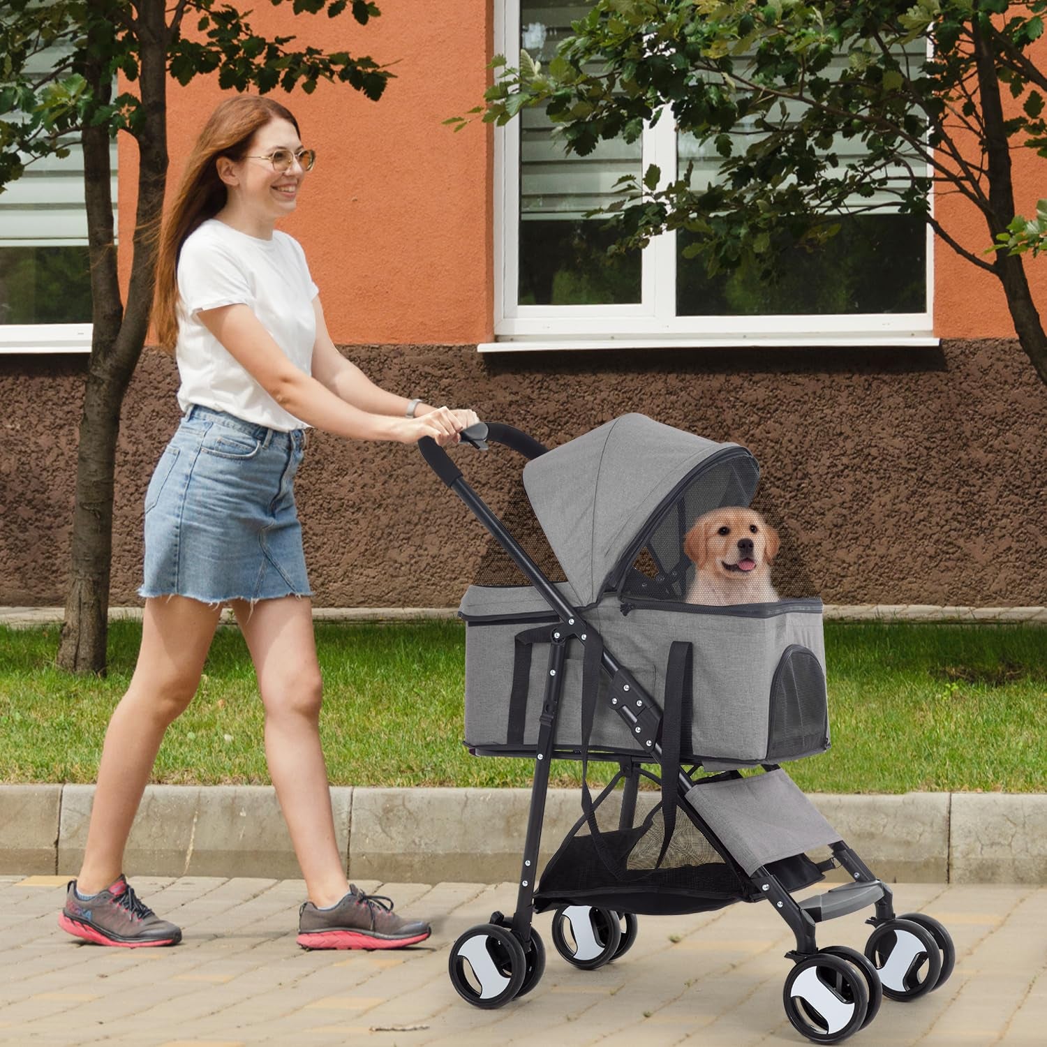 4 Wheels Pet Stroller 3 in 1 Multi-Function Dog Stroller Jogging Stroller with Detachable Carrier, Lightweight Travel Stroller for Small and Medium-Sized Pets, Grey