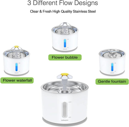 Cat Water Fountain Stainless Steel Top, 2.4L Pet Water Fountain for Small Dog and Cat with LED Light and Water Level Window