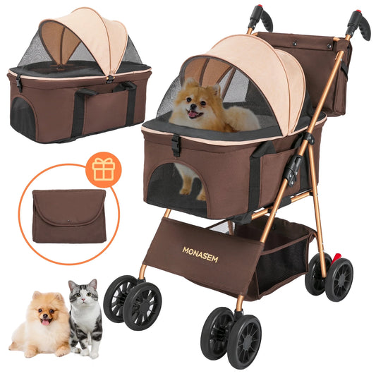 Pets Stroller, Dog Cat Stroller 3-In-1 Detachable Doggy Stroller with Portable Bag for Small Medium Dogs Travel(Brown)