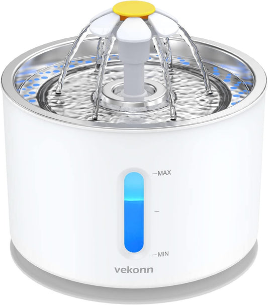Cat Water Fountain Stainless Steel Top, 2.4L Pet Water Fountain for Small Dog and Cat with LED Light and Water Level Window