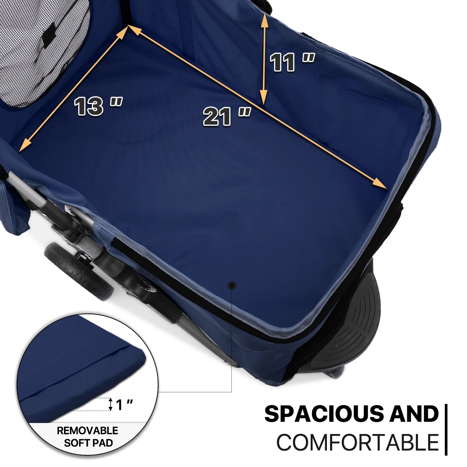 Foldable Pet Dog Stroller with Wheels, Cat Dog Stroller with Storage Basket and Cup Holder for Small and Medium Cats, Dogs, Puppy, Navy Blue