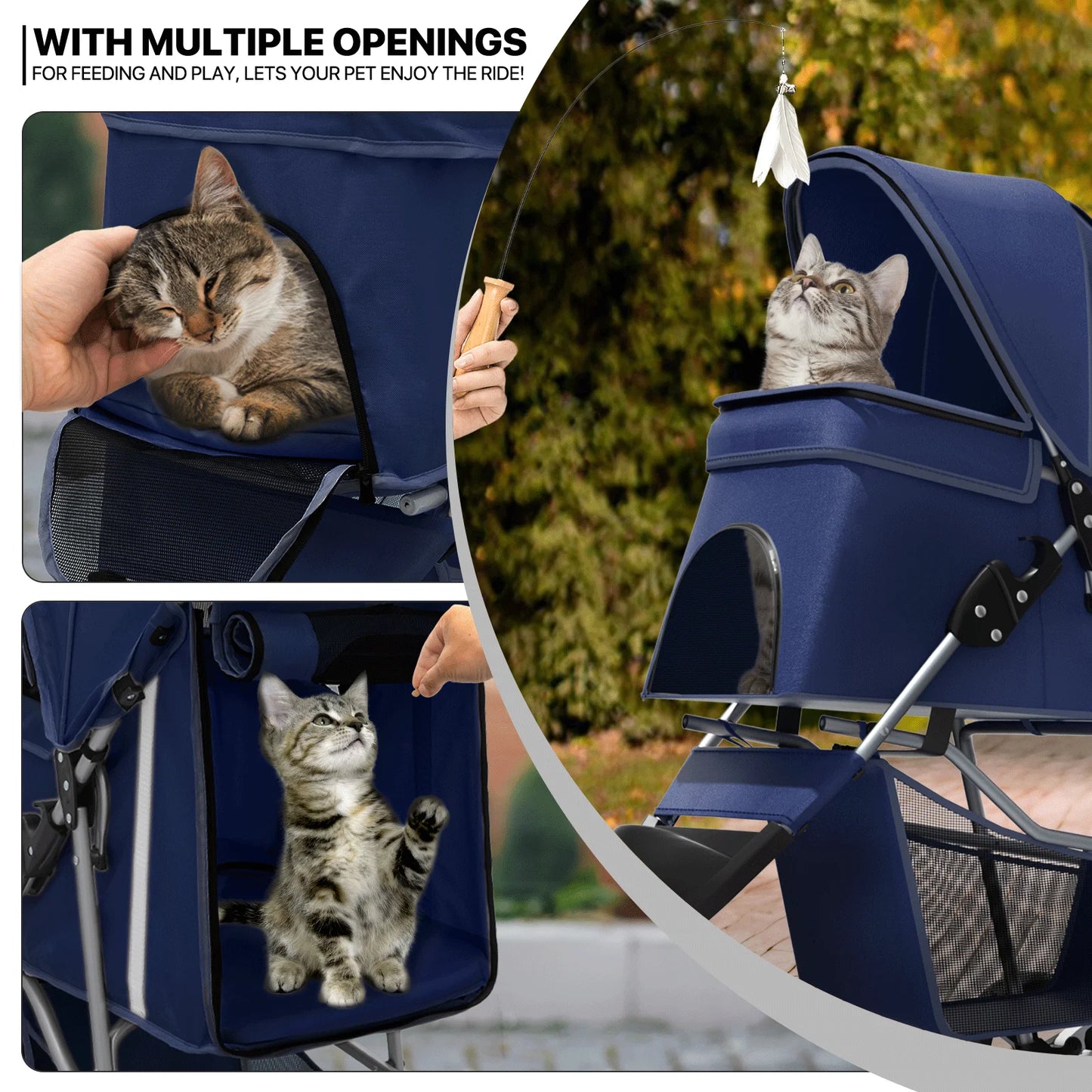 Foldable Pet Dog Stroller with Wheels, Cat Dog Stroller with Storage Basket and Cup Holder for Small and Medium Cats, Dogs, Puppy, Navy Blue