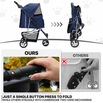 Foldable Pet Dog Stroller with Wheels, Cat Dog Stroller with Storage Basket and Cup Holder for Small and Medium Cats, Dogs, Puppy, Navy Blue