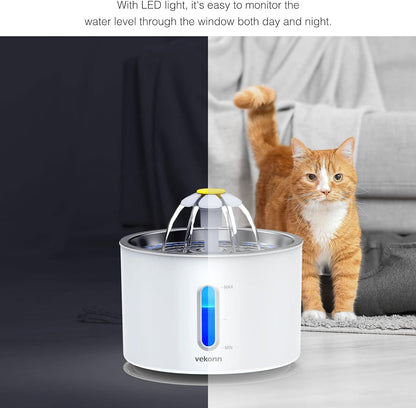 Cat Water Fountain Stainless Steel Top, 2.4L Pet Water Fountain for Small Dog and Cat with LED Light and Water Level Window