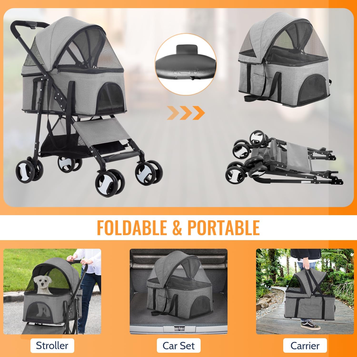 4 Wheels Pet Stroller 3 in 1 Multi-Function Dog Stroller Jogging Stroller with Detachable Carrier, Lightweight Travel Stroller for Small and Medium-Sized Pets, Grey