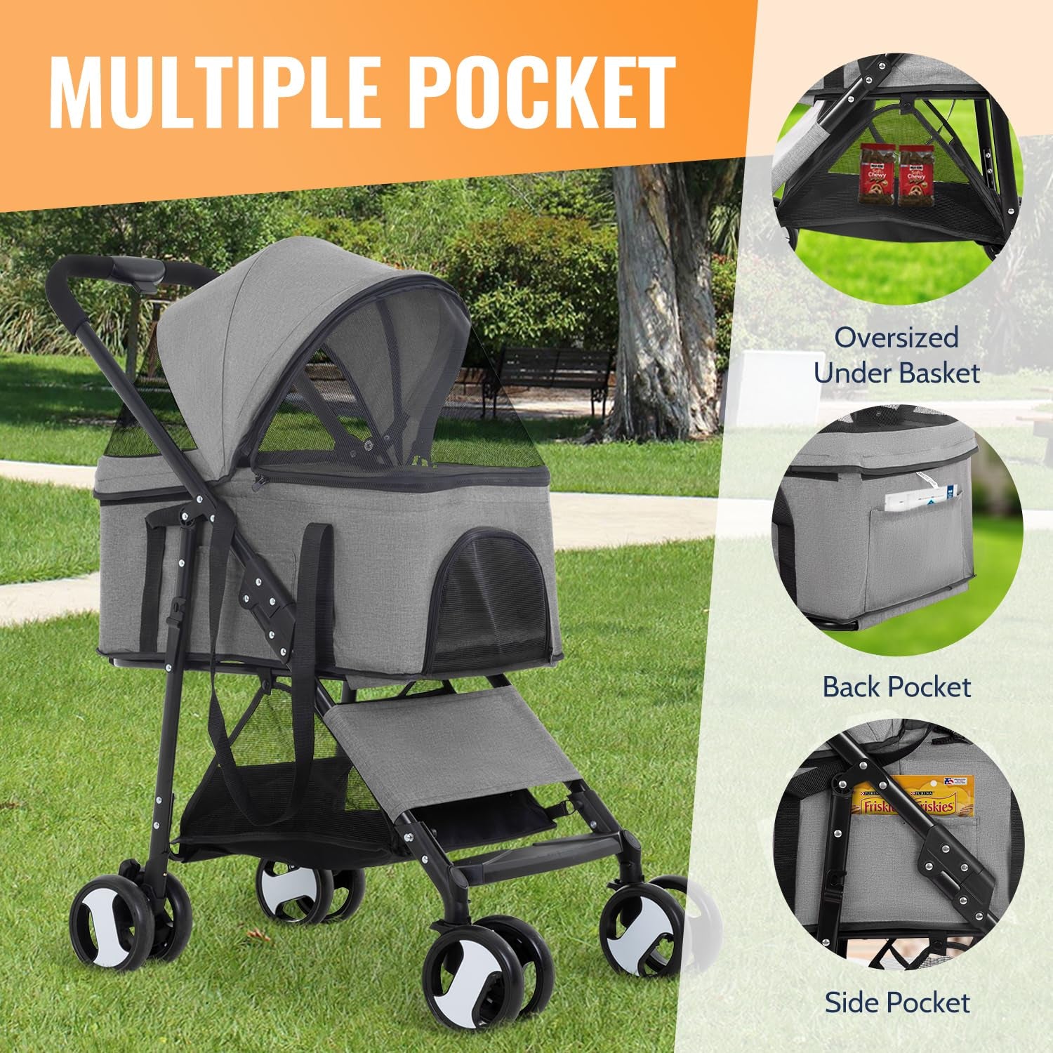 4 Wheels Pet Stroller 3 in 1 Multi-Function Dog Stroller Jogging Stroller with Detachable Carrier, Lightweight Travel Stroller for Small and Medium-Sized Pets, Grey