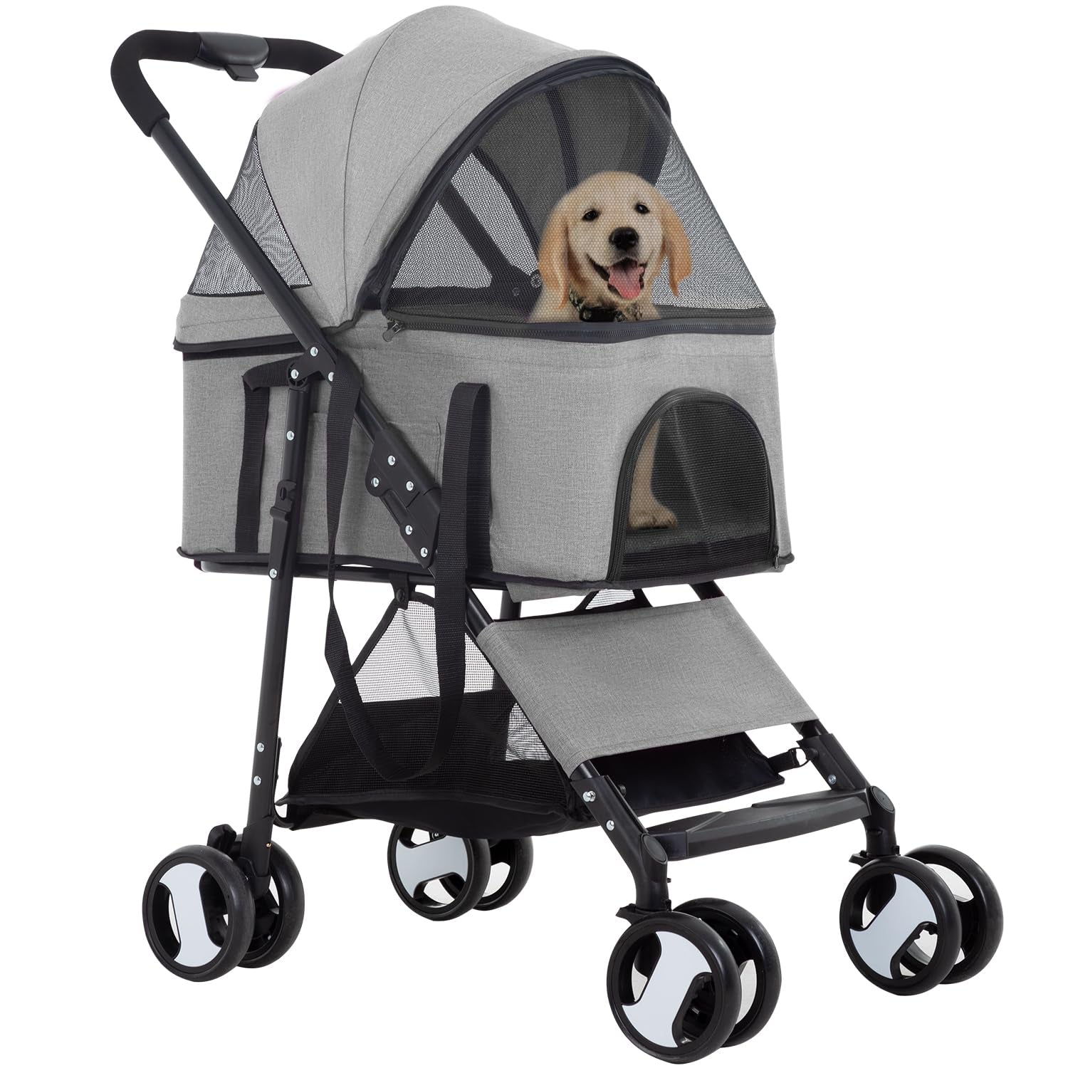 4 Wheels Pet Stroller 3 in 1 Multi-Function Dog Stroller Jogging Stroller with Detachable Carrier, Lightweight Travel Stroller for Small and Medium-Sized Pets, Grey